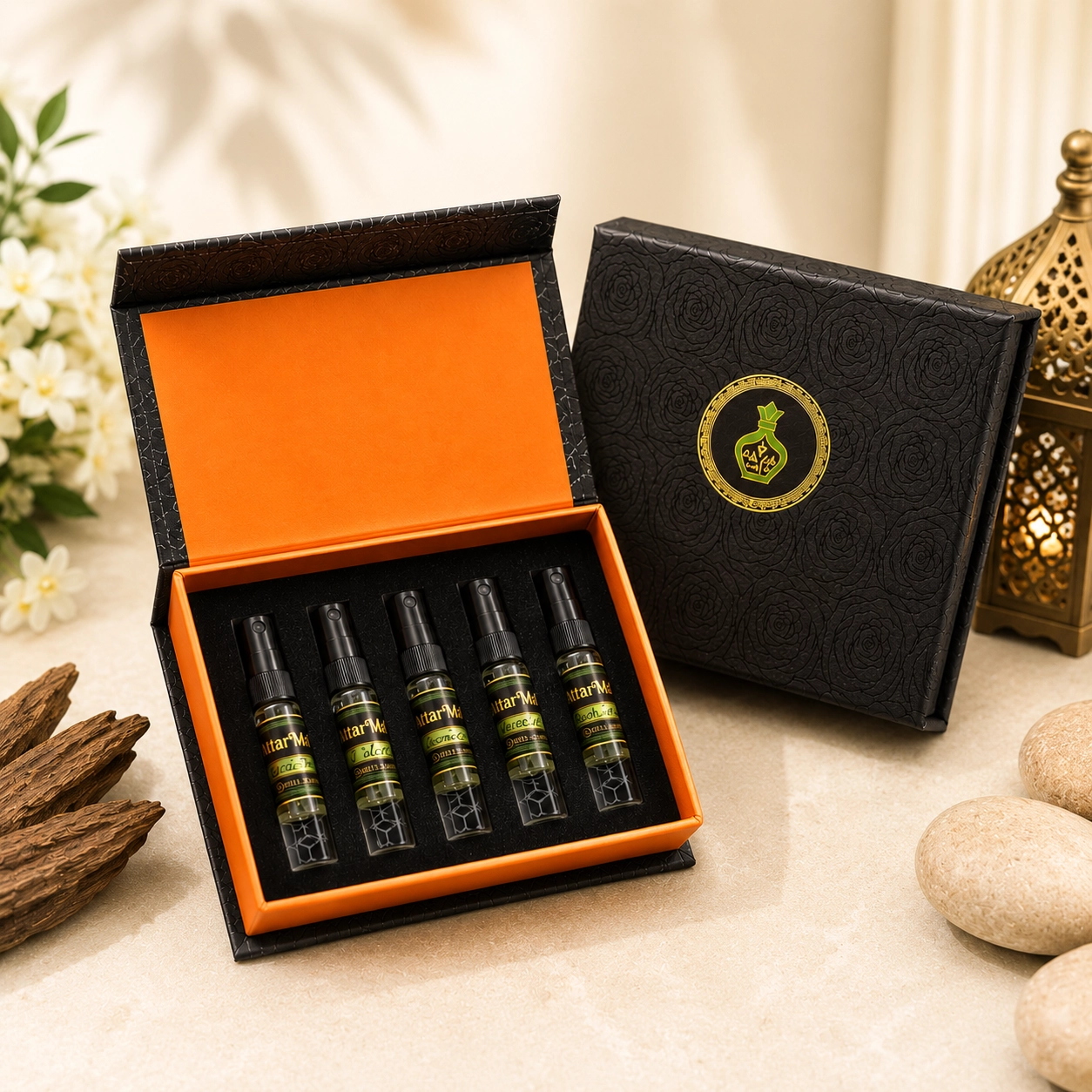Attar Makki Tester Set — five mini perfume tester sprays in a gift box